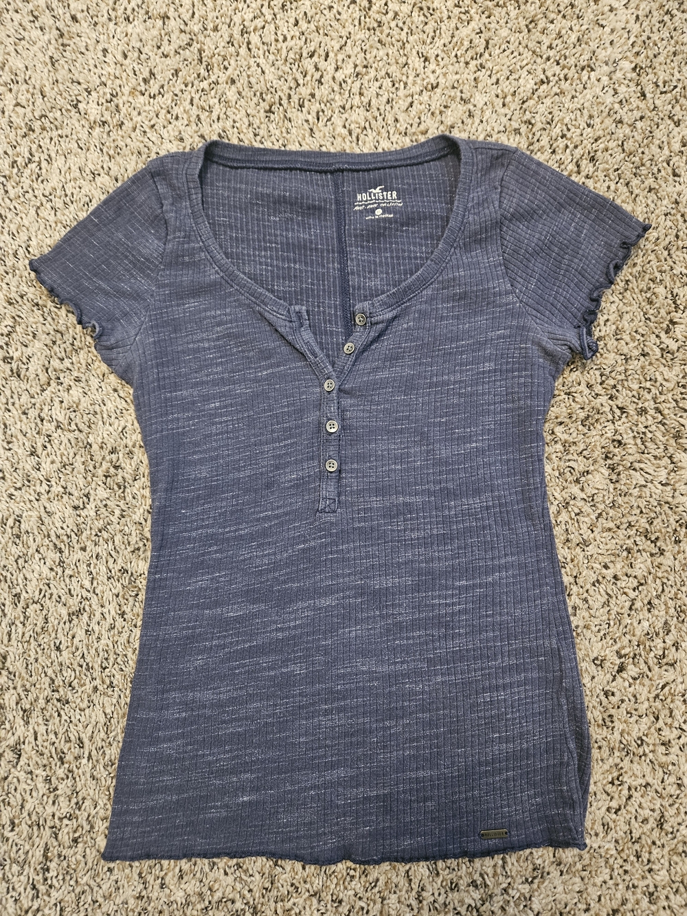 🦋Y2K Hollister Women's Short Sleeve Henley Top - Blue Heather Size XS
